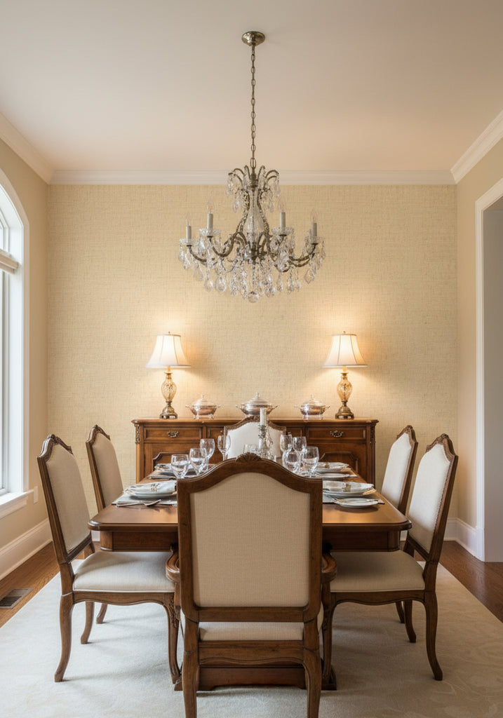 Cremona Parchment Textured Grasscloth Wallcovering | Fentucci - dining room room setting