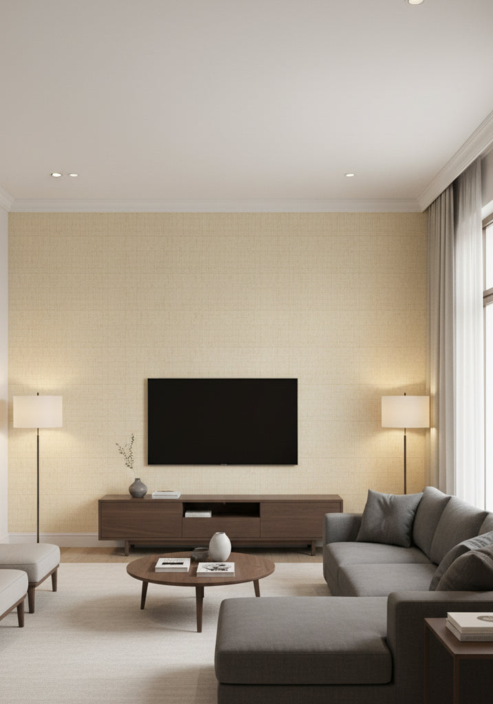 Cremona Parchment Textured Grasscloth Wallcovering | Fentucci - living room room setting