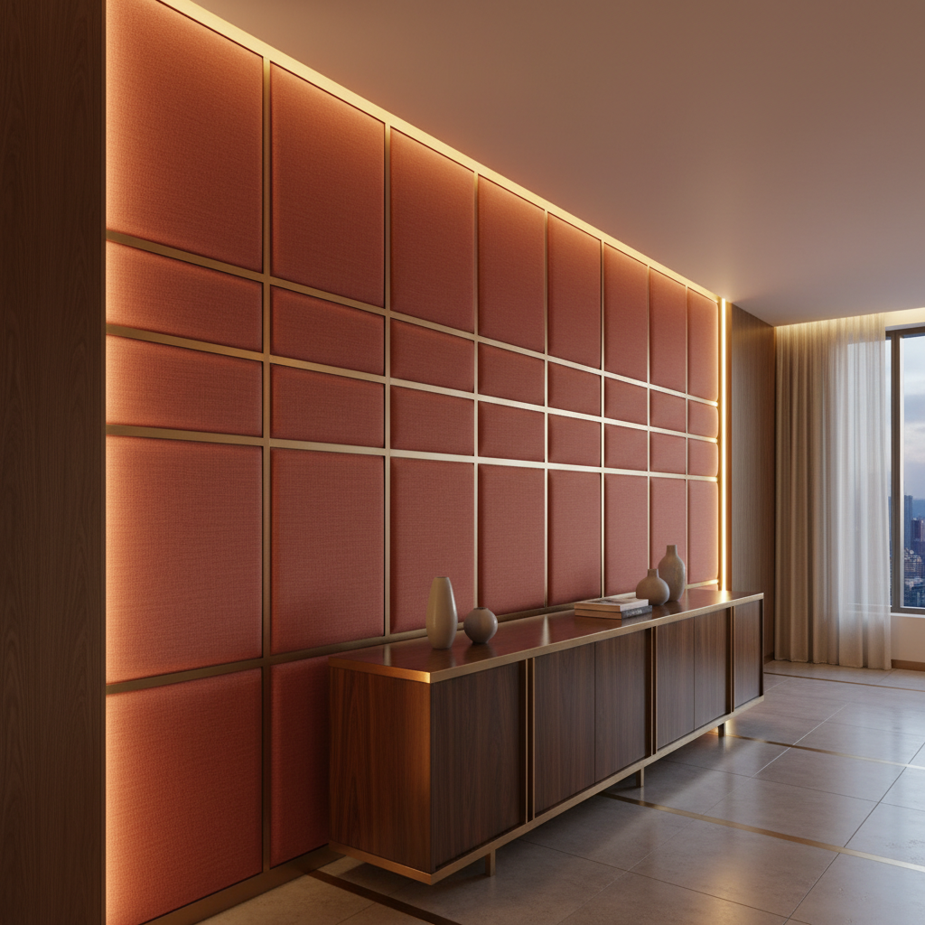 Pearisburg Cranberry Transitional terracotta Upholstered Wall Panel | Architectural Fabrics