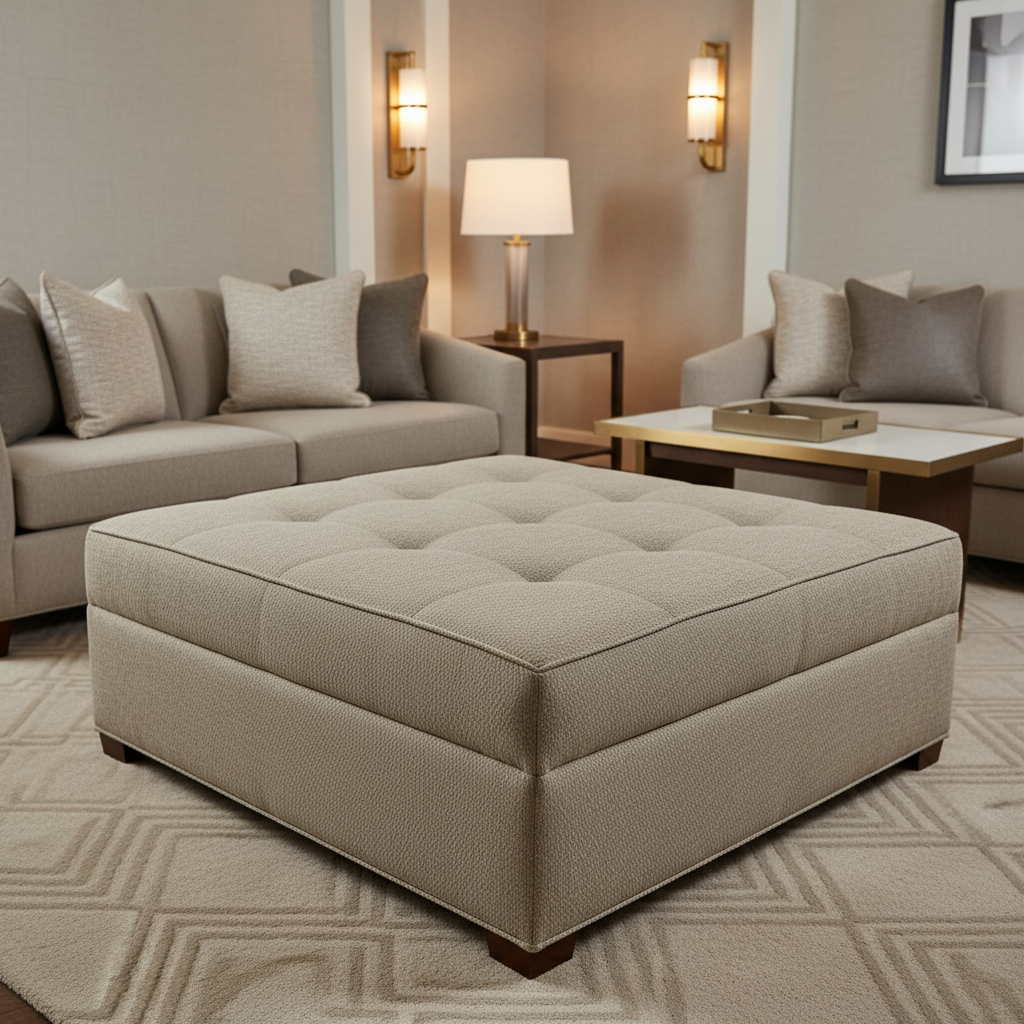 Fine Woven Texture Soft Taupe Upholstered Ottoman | Architectural Fabrics