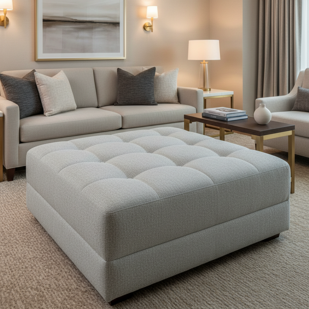 Fine Pebble Grain Soft Gray Upholstered Ottoman | Architectural Fabrics
