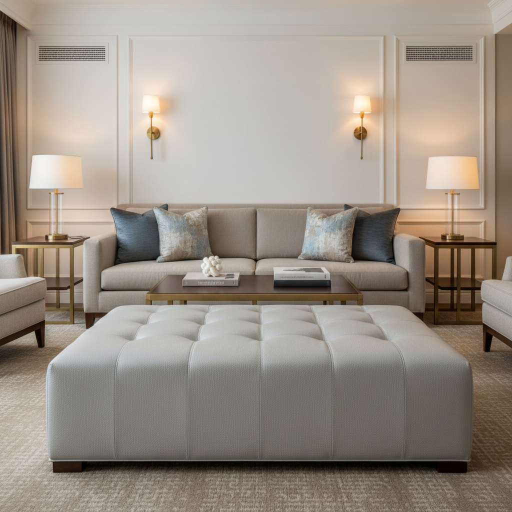 Subtle Pebble Grain Icy Silver Upholstered Ottoman | Architectural Fabrics