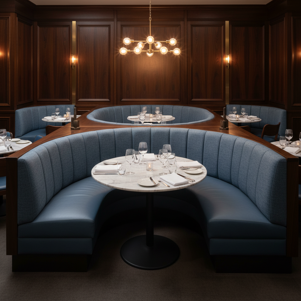Fine Pebble Grain Denim Blue Upholstered Banquette | Architectural Fabrics