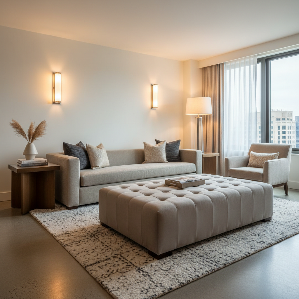 Yorktown Sand Upholstered Ottoman | Architectural Fabrics