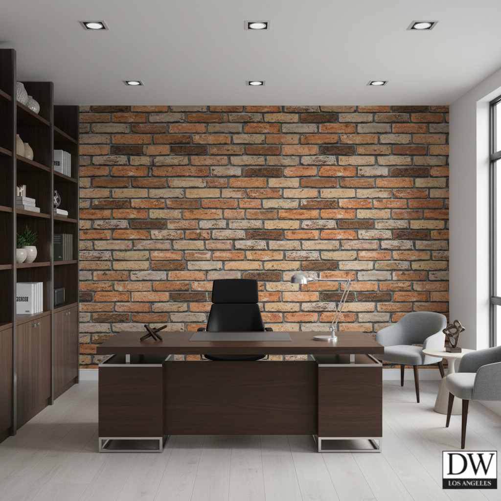 Vomera Faux Burnt Brick | Hollywood Wallcoverings - Corporate Office commercial room setting