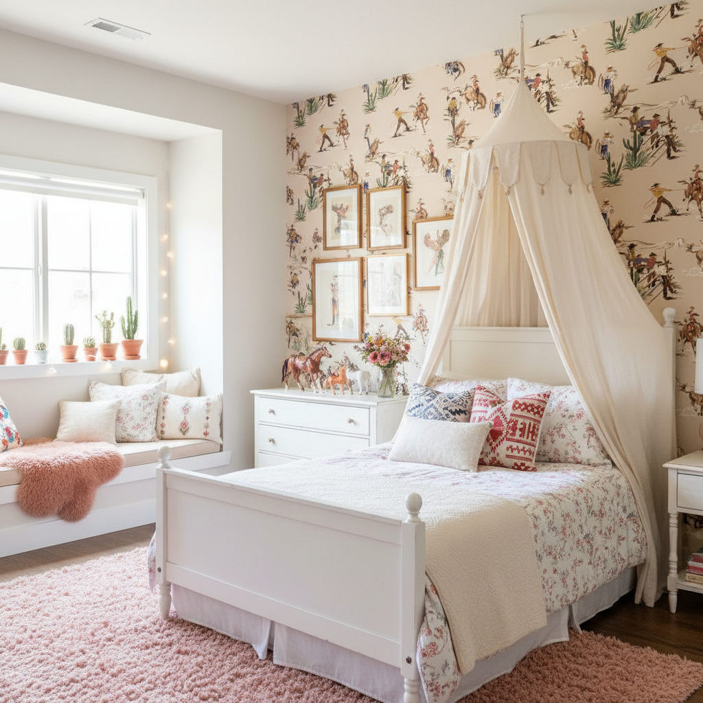 The Original Yeeha 1950's Cowboy Organic Cotton Sateen Fabric - Cream Mid-Century Modern | Architectural Wallcoverings - Girls Western Chic Bedroom Room Setting