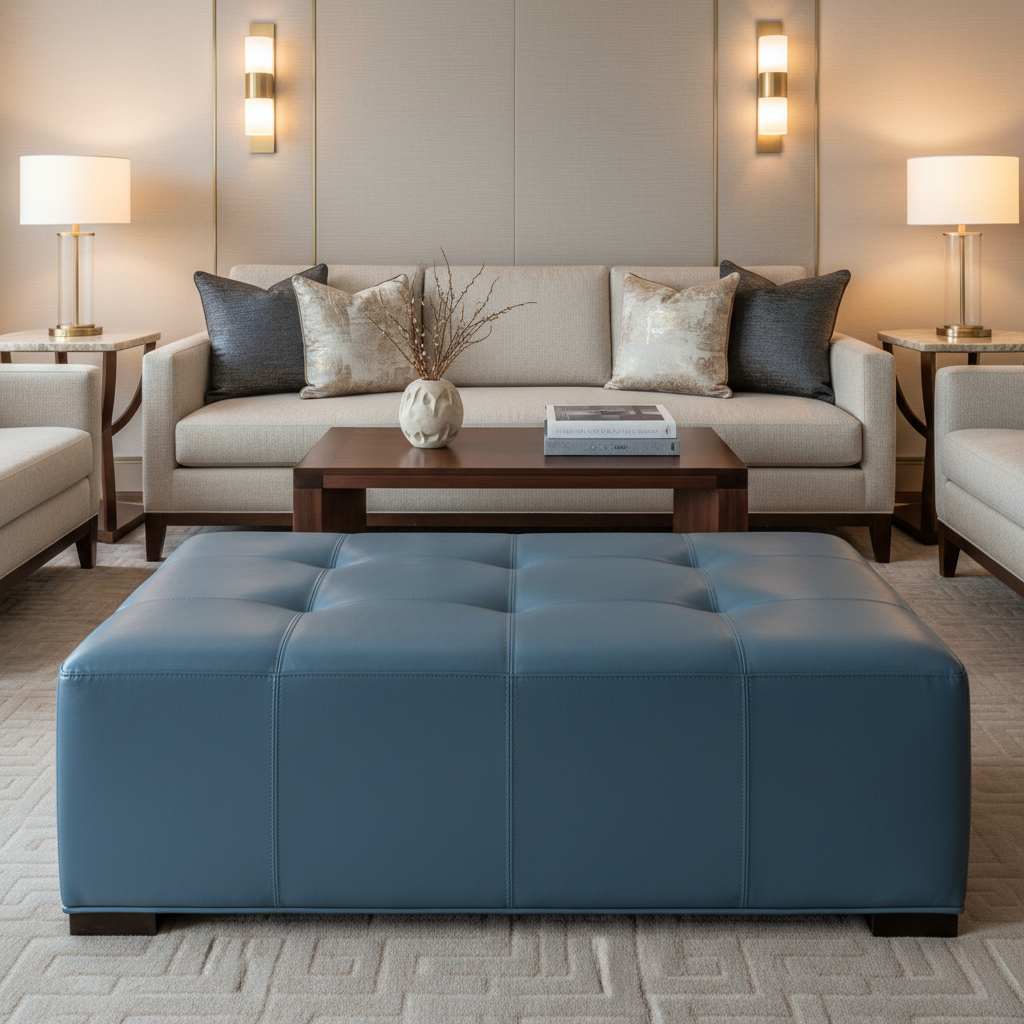 Algiers - Slate Blue Performance Vinyl Upholstered Ottoman | Architectural Fabrics