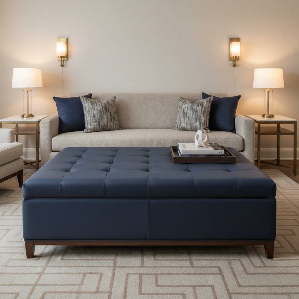 Smooth Solid Color Deep Indigo Upholstered Ottoman | Architectural Fabrics