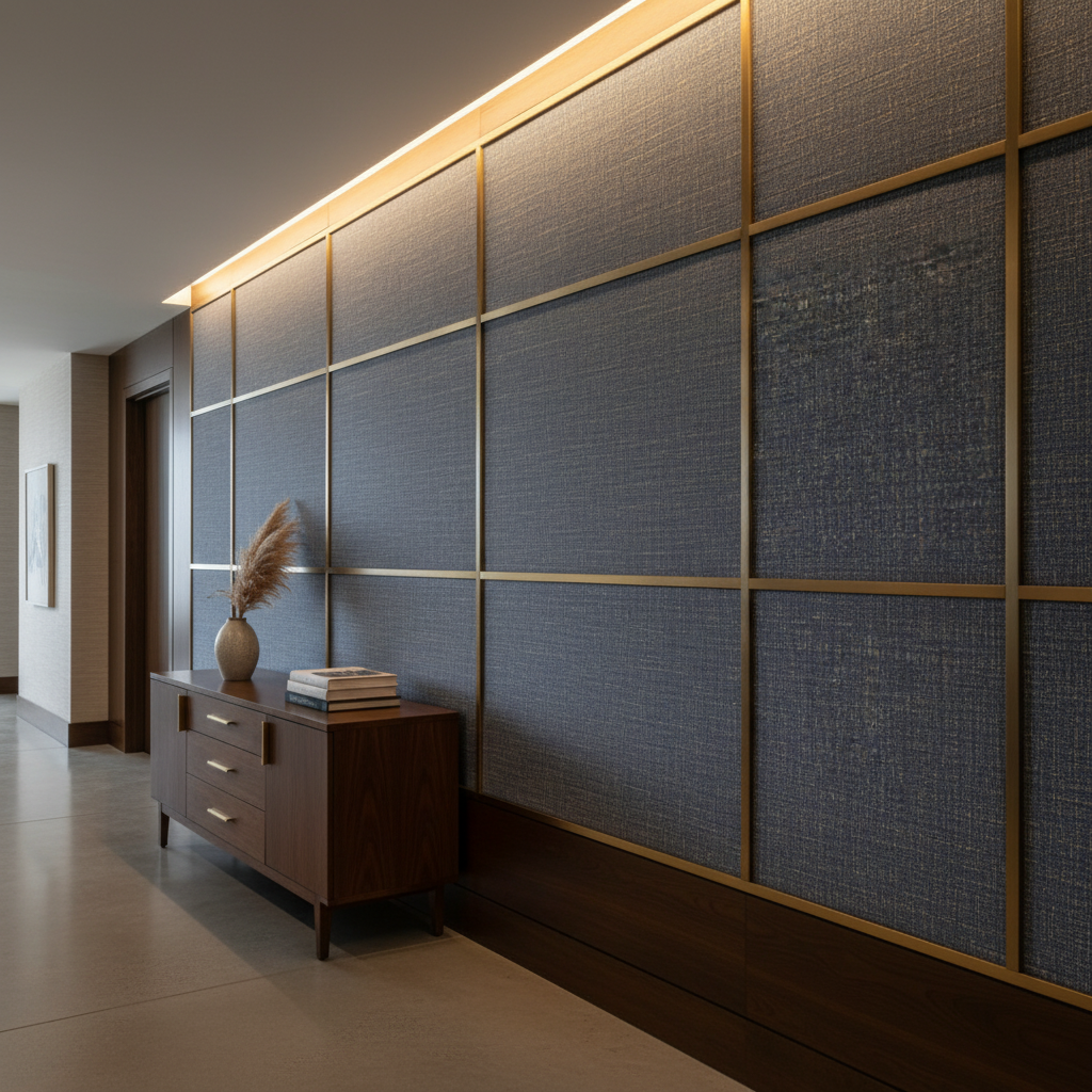 Woven Textured Crosshatch Denim Blue Upholstered Wall Panel | Architectural Fabrics