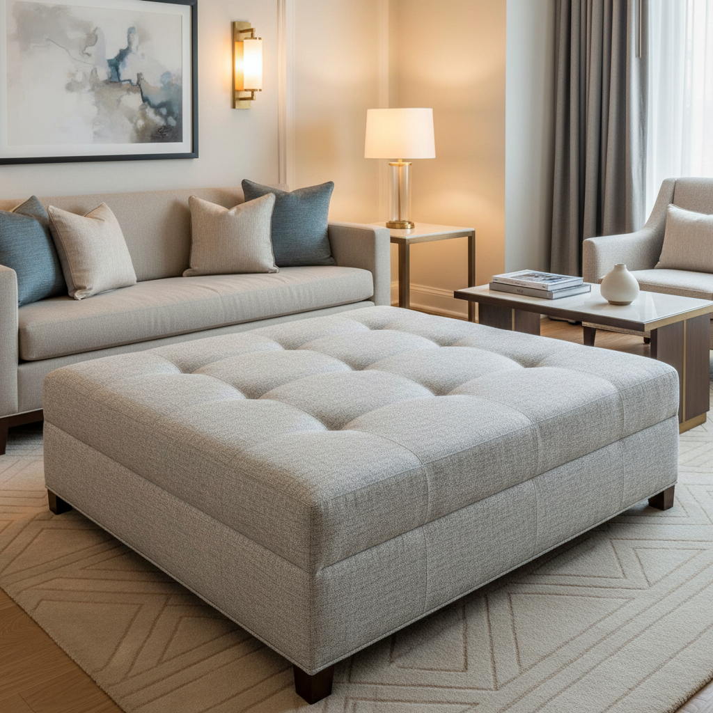 Fine Woven Texture Silver Grey Upholstered Ottoman | Architectural Fabrics