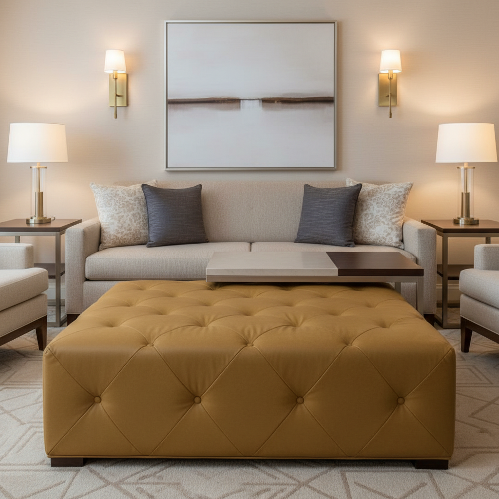 Smooth Solid Color Golden Brown Upholstered Ottoman | Architectural Fabrics