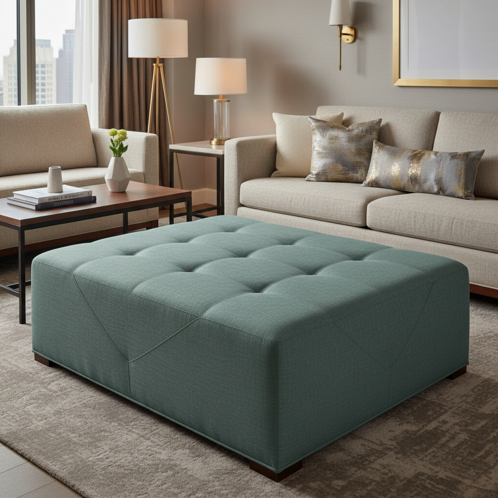 Woven Linen Texture Dusty Teal Upholstered Ottoman | Architectural Fabrics