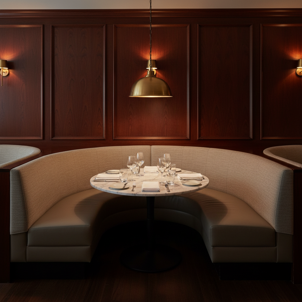 Fine Textured Weave Soft Taupe Upholstered Banquette | Architectural Fabrics