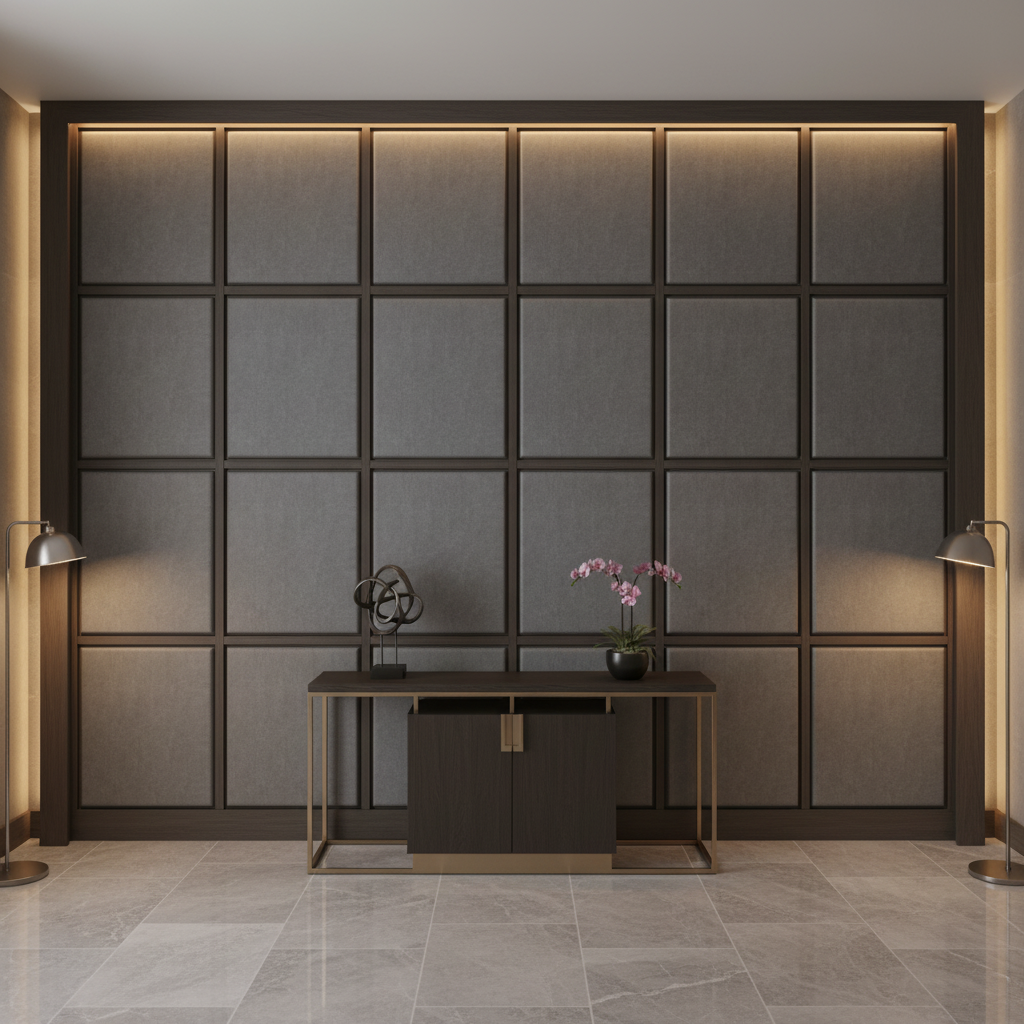 Subtle Leather Grain Charcoal Grey Upholstered Wall Panel | Architectural Fabrics