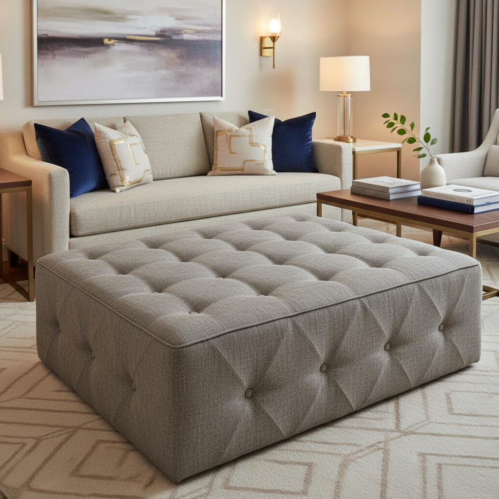 Woven Diagonal Texture Silver Taupe Upholstered Ottoman | Architectural Fabrics
