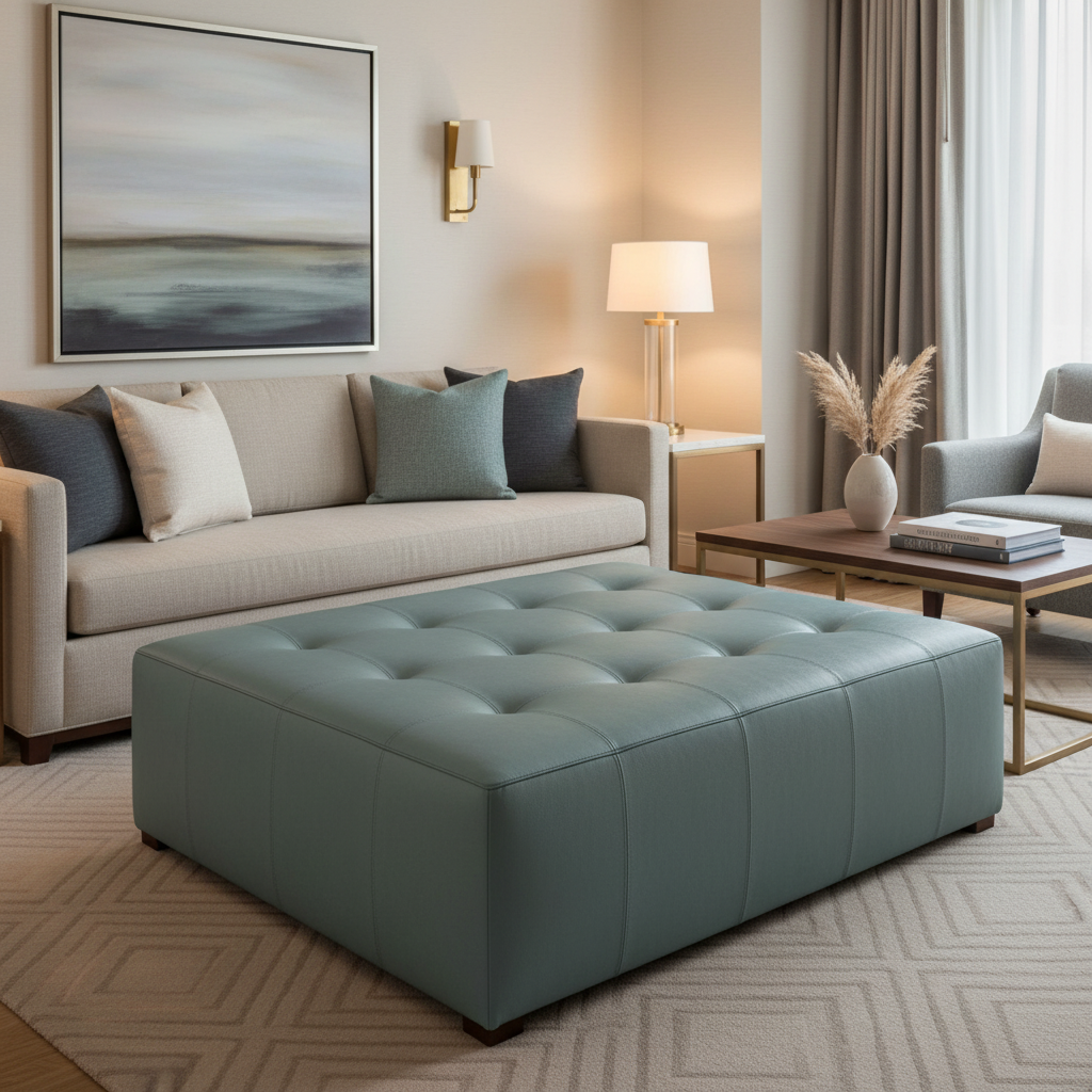 Smooth Pebble Grain Dusty Teal Upholstered Ottoman | Architectural Fabrics