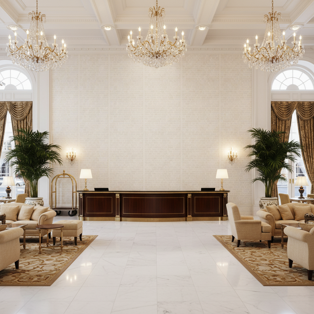 Vomera Pearl Faux Tile | Hollywood Wallcoverings - Hotel Lobby commercial room setting