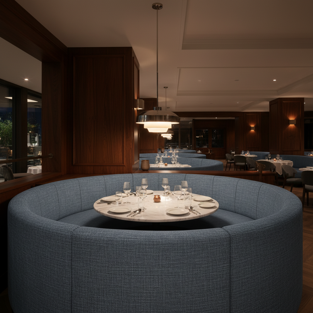 Rattan Bay - Denim Upholstered Banquette | Architectural Fabrics