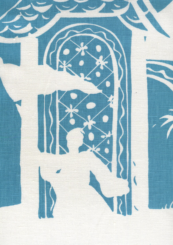 Lyford Background Dark Turquoise on white Screen Printed Fabric | China Seas