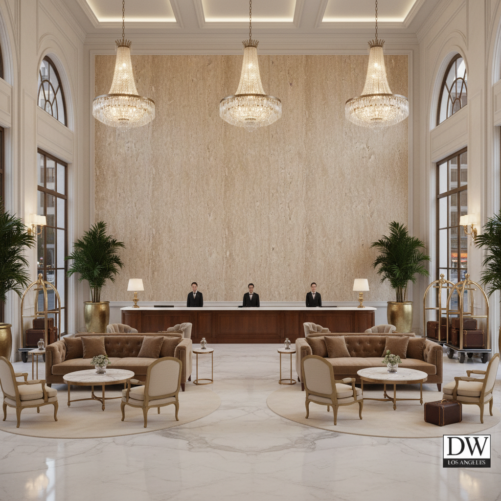 Vomera Cream Faux Granite | Hollywood Wallcoverings - Hotel Lobby commercial room setting