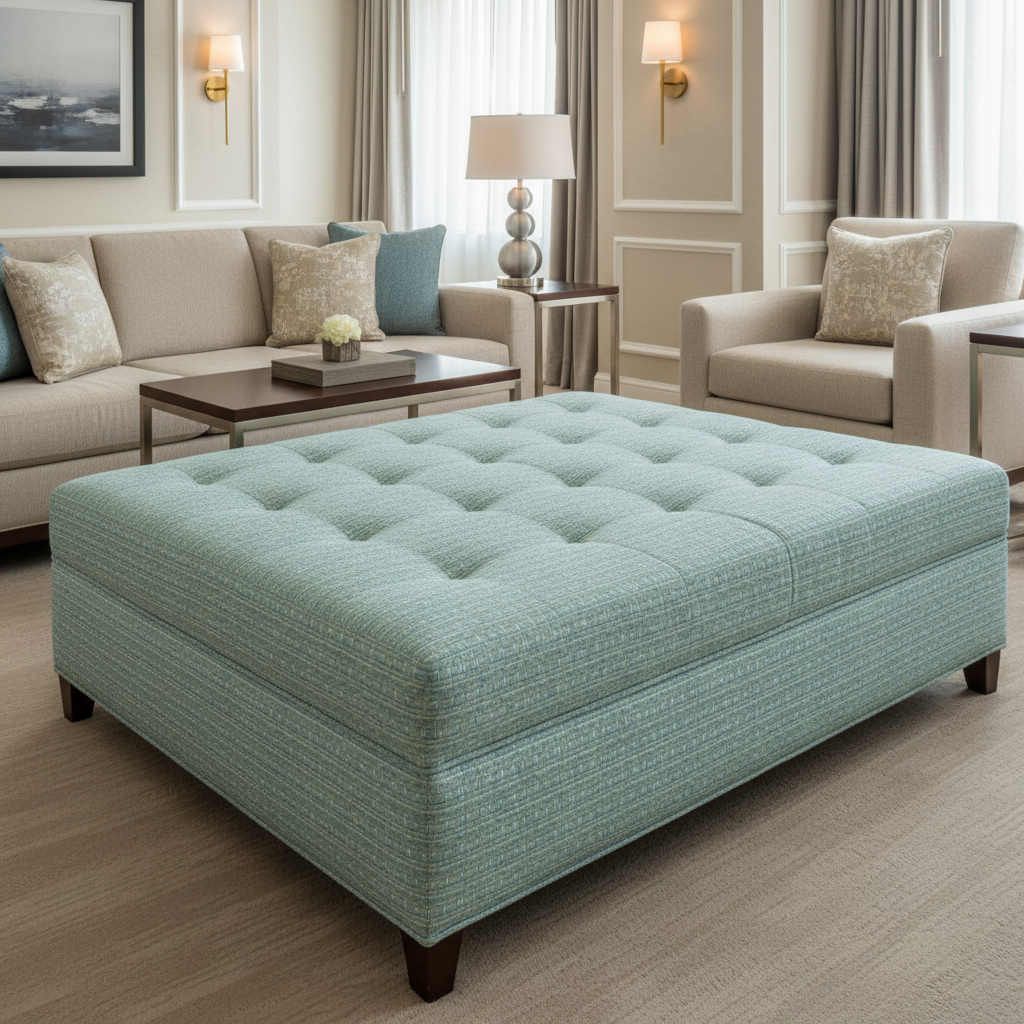 Woven Basketweave Texture Aqua Mist Upholstered Ottoman | Architectural Fabrics