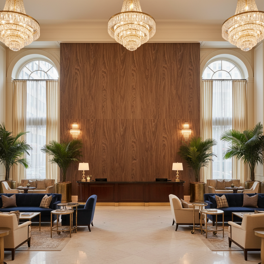 Biscay Bay Walnut Wood Grain | Hollywood Wallcoverings - Hotel Lobby commercial room setting