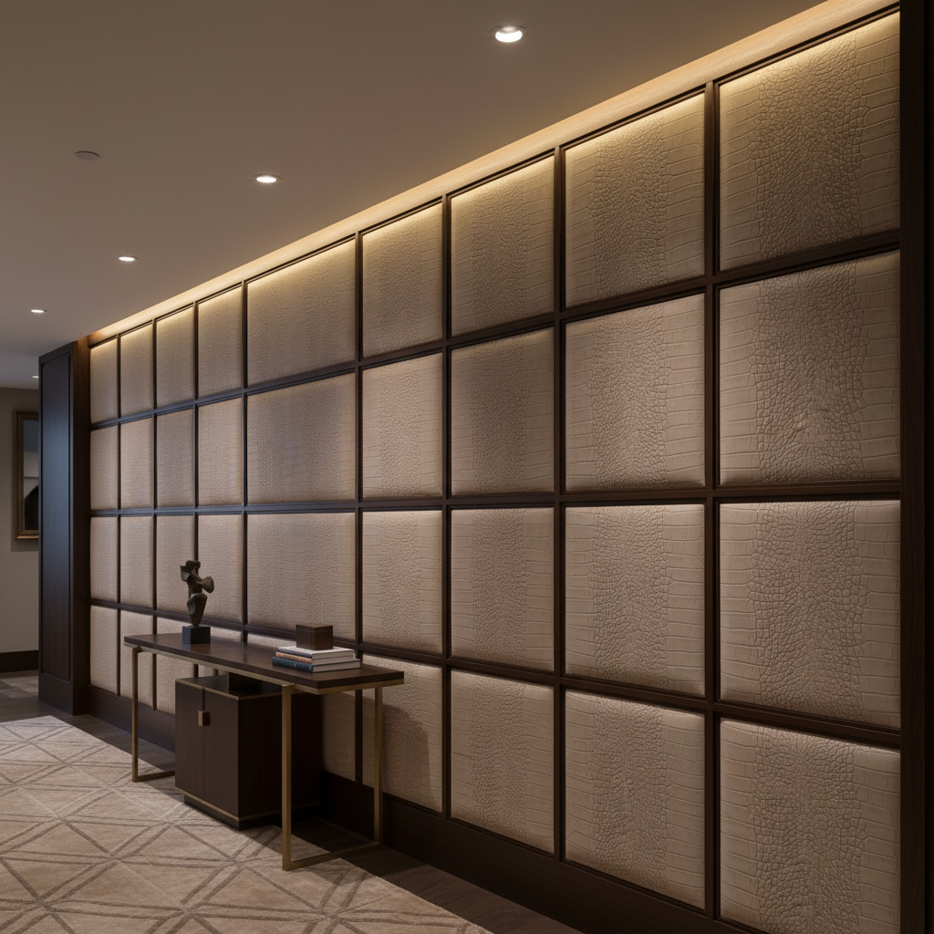 Embossed Alligator Skin Taupe Stone Upholstered Wall Panel | Architectural Fabrics