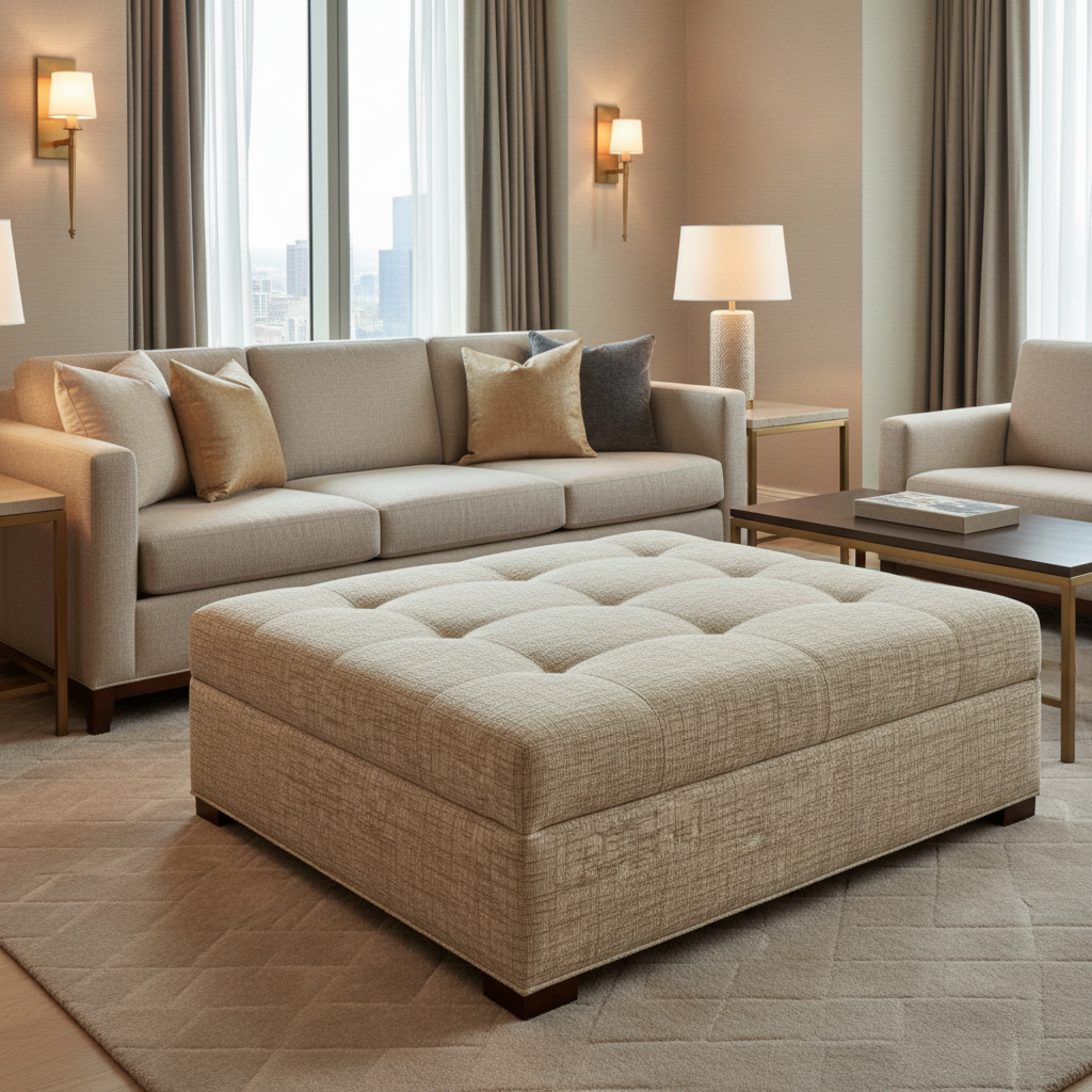 Woven Crosshatch Texture Neutral Beige Upholstered Ottoman | Architectural Fabrics