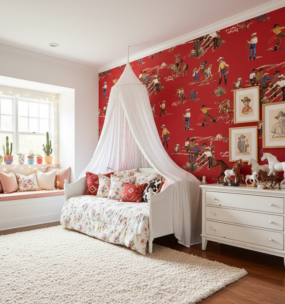The Original Yeeha 1950's Cowboy - Red Baron Mid-Century Modern | Architectural Wallcoverings - Girls Western Chic Bedroom Room Setting