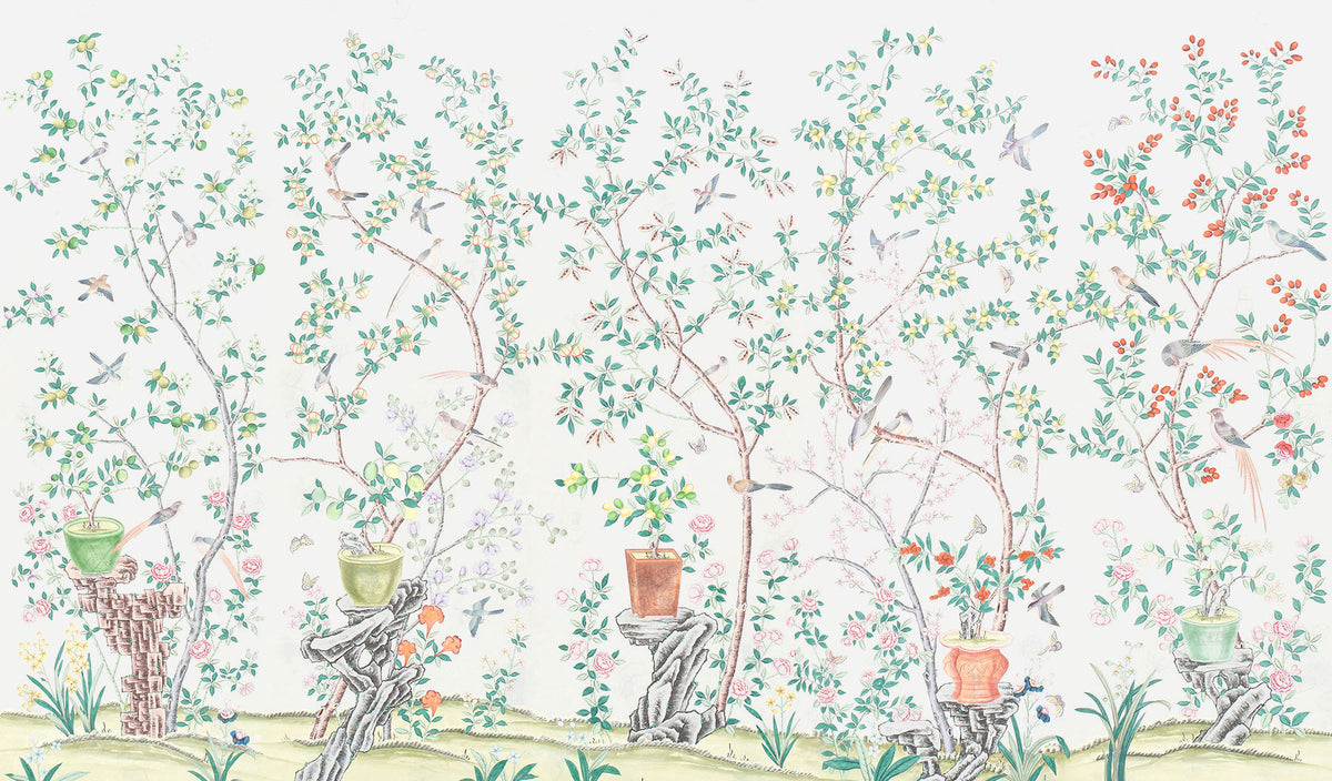 Jardinières & Citrus Trees — Standard colourway on Natural Mica metallic silk