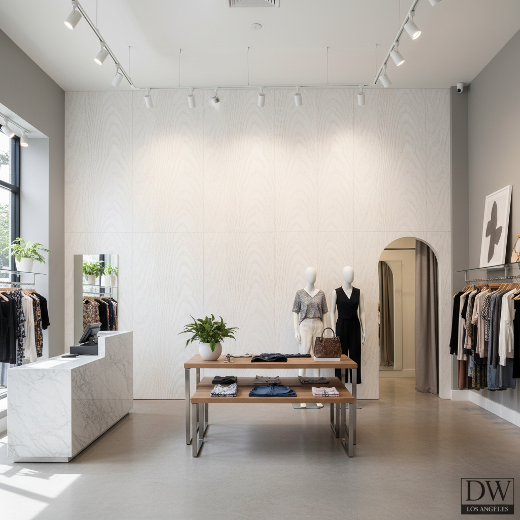 Bosa Marina Rustic White Wood Grain | Hollywood Wallcoverings - Retail Showroom commercial room setting