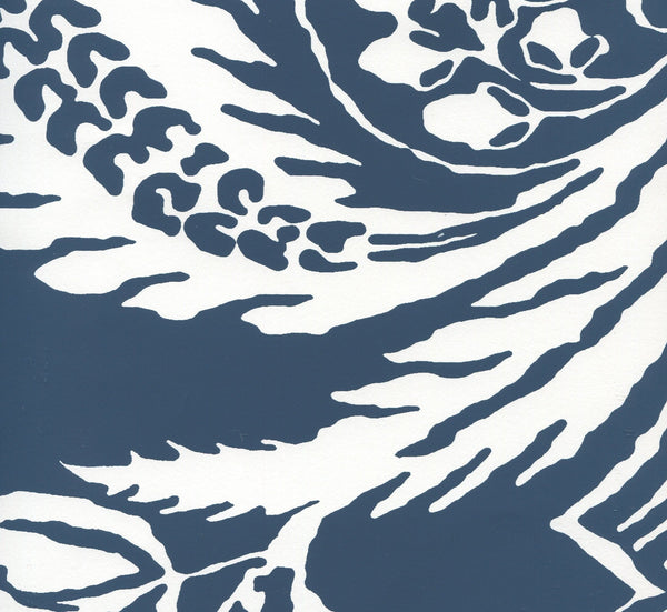 Antionette Navy_on_white Screen Printed - Navy Wallcovering | China Seas