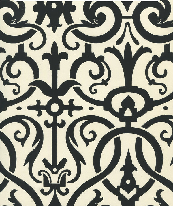 Charleston_ii Black_on_white Screen Printed - Beige Wallcovering | China Seas