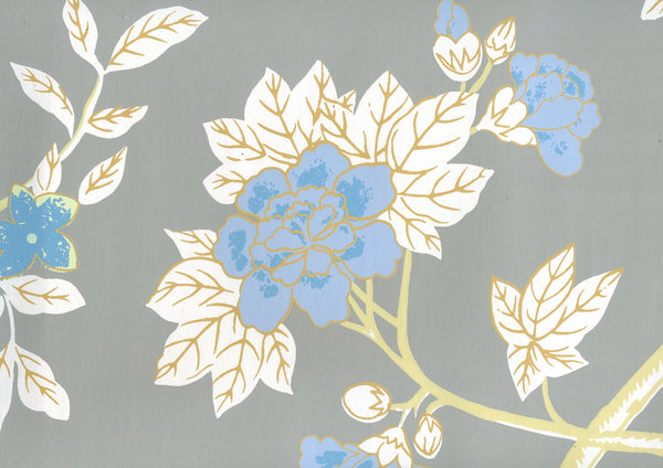 Happy Garden Grey on White Screen Printed - Gray Wallcovering | China Seas