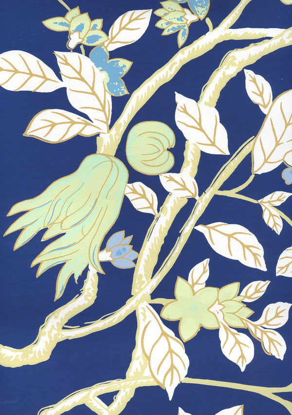 Happy Garden Navy on White Screen Printed - Navy Wallcovering | China Seas