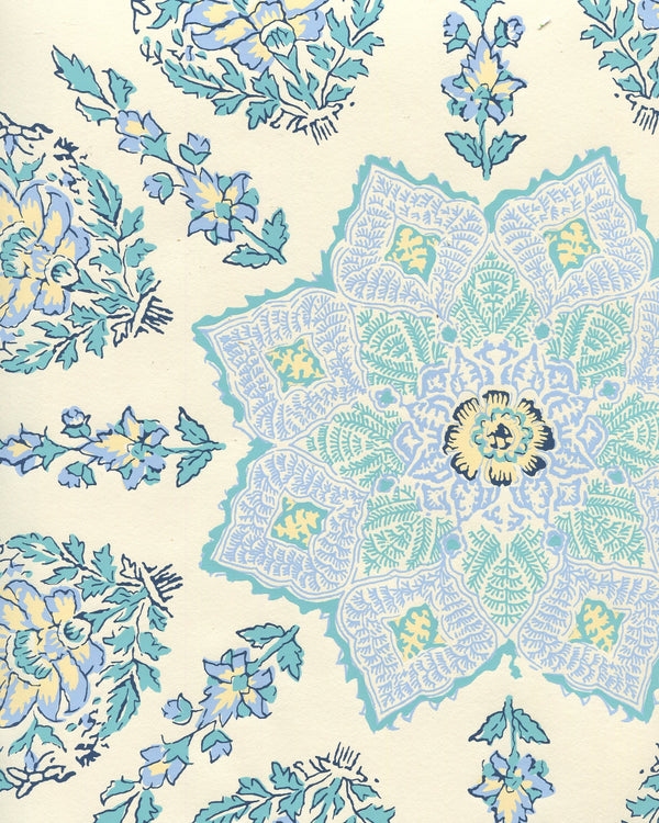 Persepolis Celeste Blue on Off White Screen Printed | China Seas