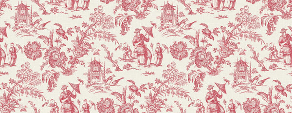 Fentucci Chinoiserie Linen Fabric - Country Toile - Antique Ruby