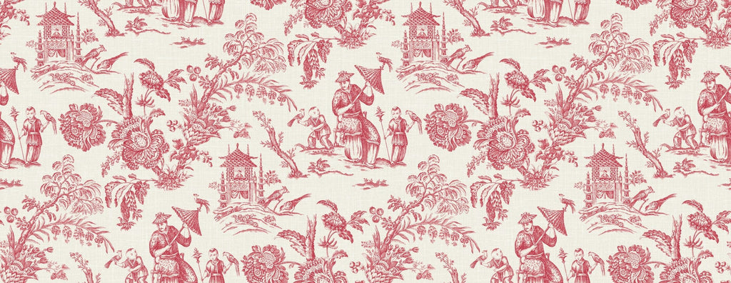 Fentucci Chinoiserie Linen Fabric - Country Toile - Antique Ruby