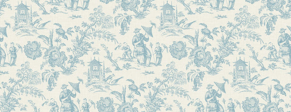 Fentucci Chinoiserie Linen Fabric - Country Toile - Bleu Bisque