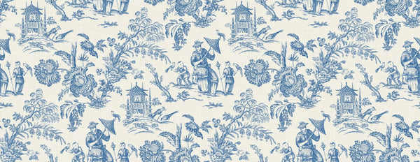 Fentucci Chinoiserie Linen Fabric - Country Toile - Denim Wash