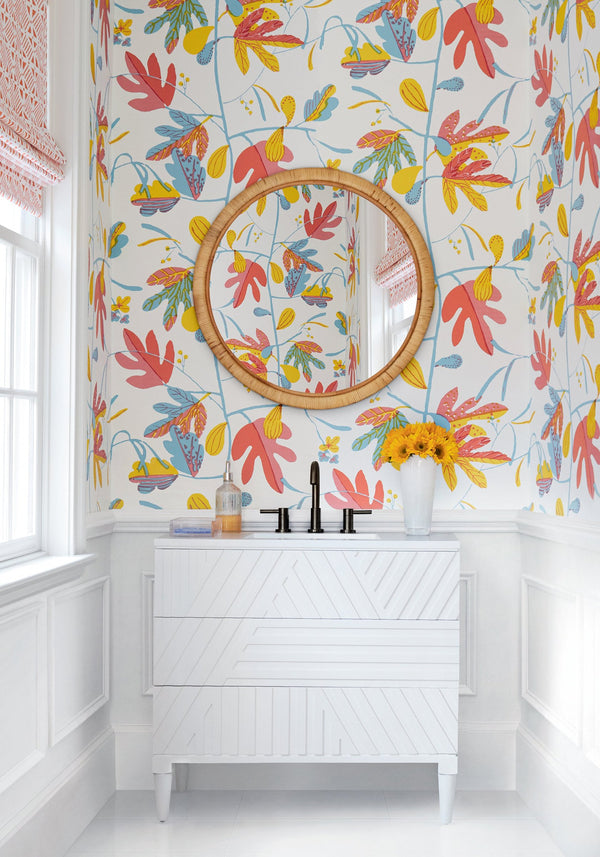 Matisse Leaf Coral and Yellow - Coral and Yellow Wallcovering | Thibaut