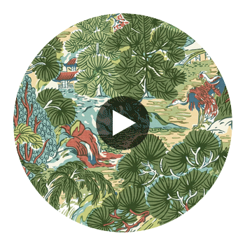 Pagoda Trees Coral and Green | Thibaut Wallcoverings Circular Swatch | Thibaut