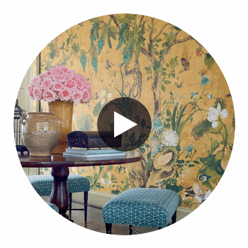 Wild Wisteria Mural Ochre Wallpaper | Thibaut Circular Swatch | Thibaut