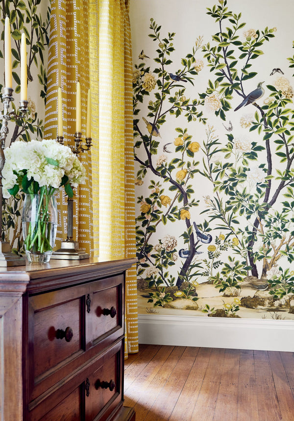 Jardin Bloom Branches Birds Mural White Wallcovering | Thibaut