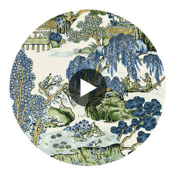 Asian Scenic Blue and Green | Thibaut Wallcoverings Circular Swatch | Thibaut