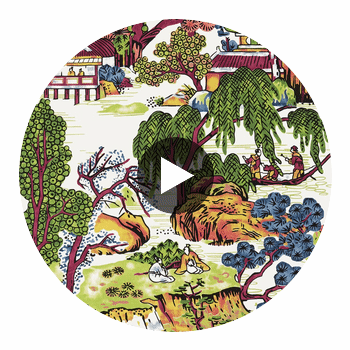 Asian Scenic Coral and Green | Thibaut Wallcoverings Circular Swatch | Thibaut