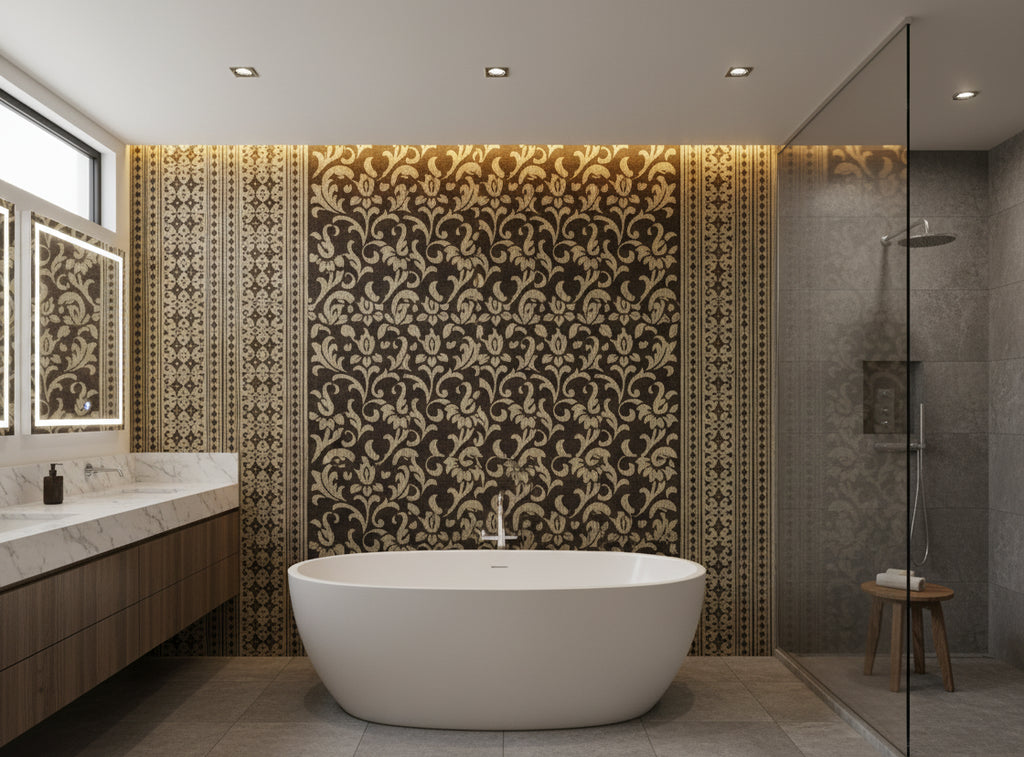 Dylan Damask - Brown Gold - bathroom room setting