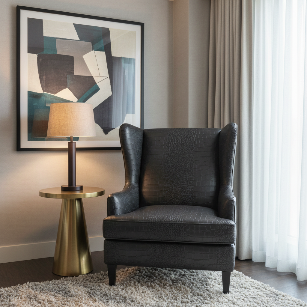 Embossed Reptile Scale Charcoal Black Upholstered Chair | Architectural Fabrics