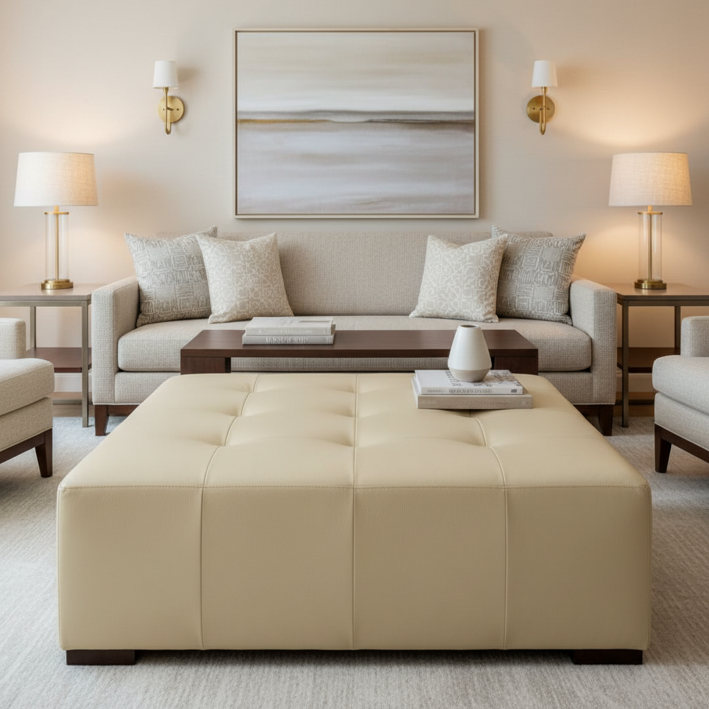 Smooth Pebble Grain Pale Sand Upholstered Ottoman | Architectural Fabrics