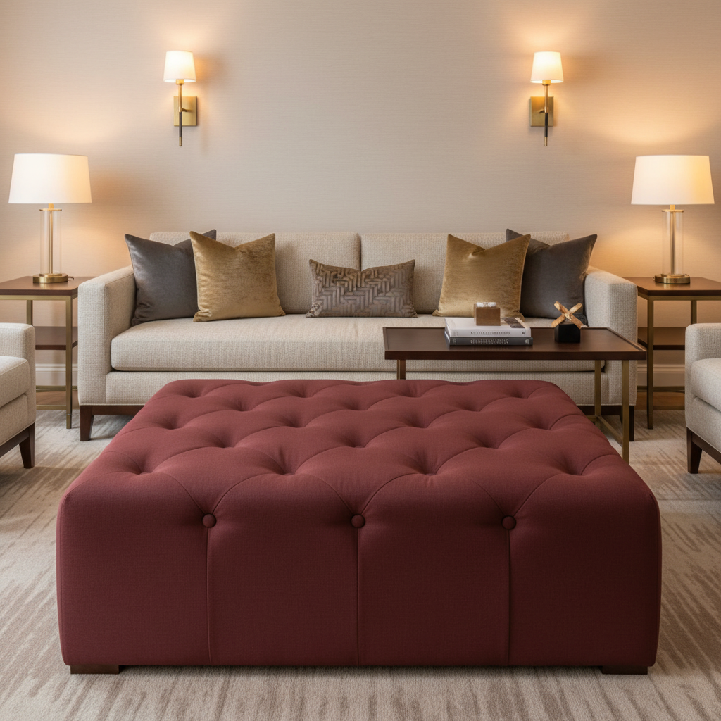Smooth Velvet Texture Deep Burgundy Upholstered Ottoman | Architectural Fabrics